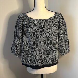 Express off shoulder, black and white eyelet blouse